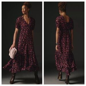 By Anthropologie V-Neck Printed Maxi Dress purple button front ruched size large